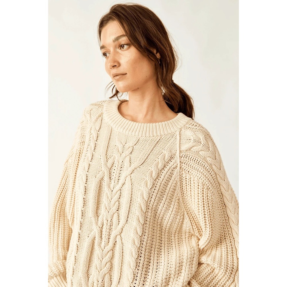 Free People Cream Frankie Cable Striped Knit Cotton Sweater XL Chunky Fisherman